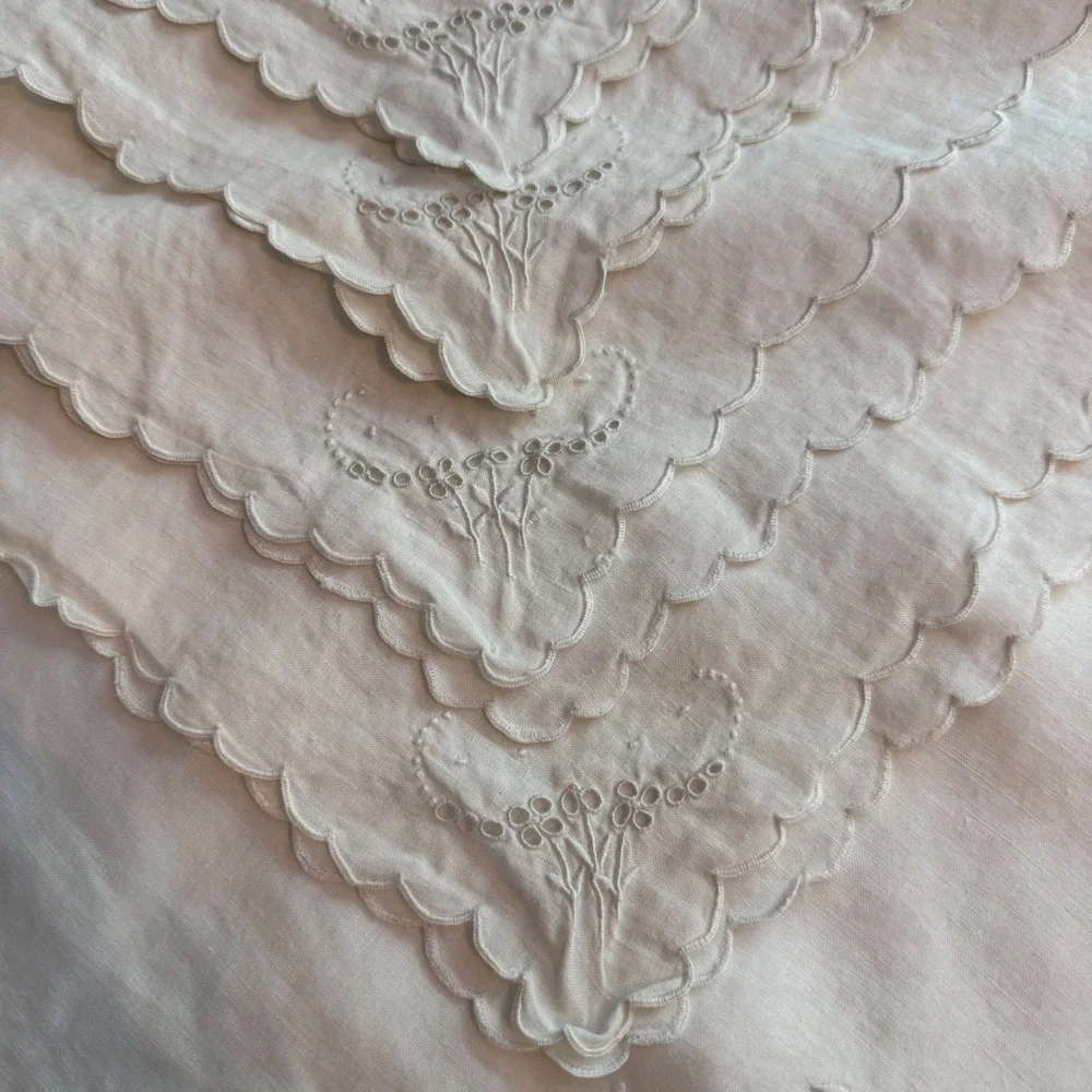 Vintage Linen Tea Tablecloth 4 Napkins Set White Floral Eyelet Scalloped Edge